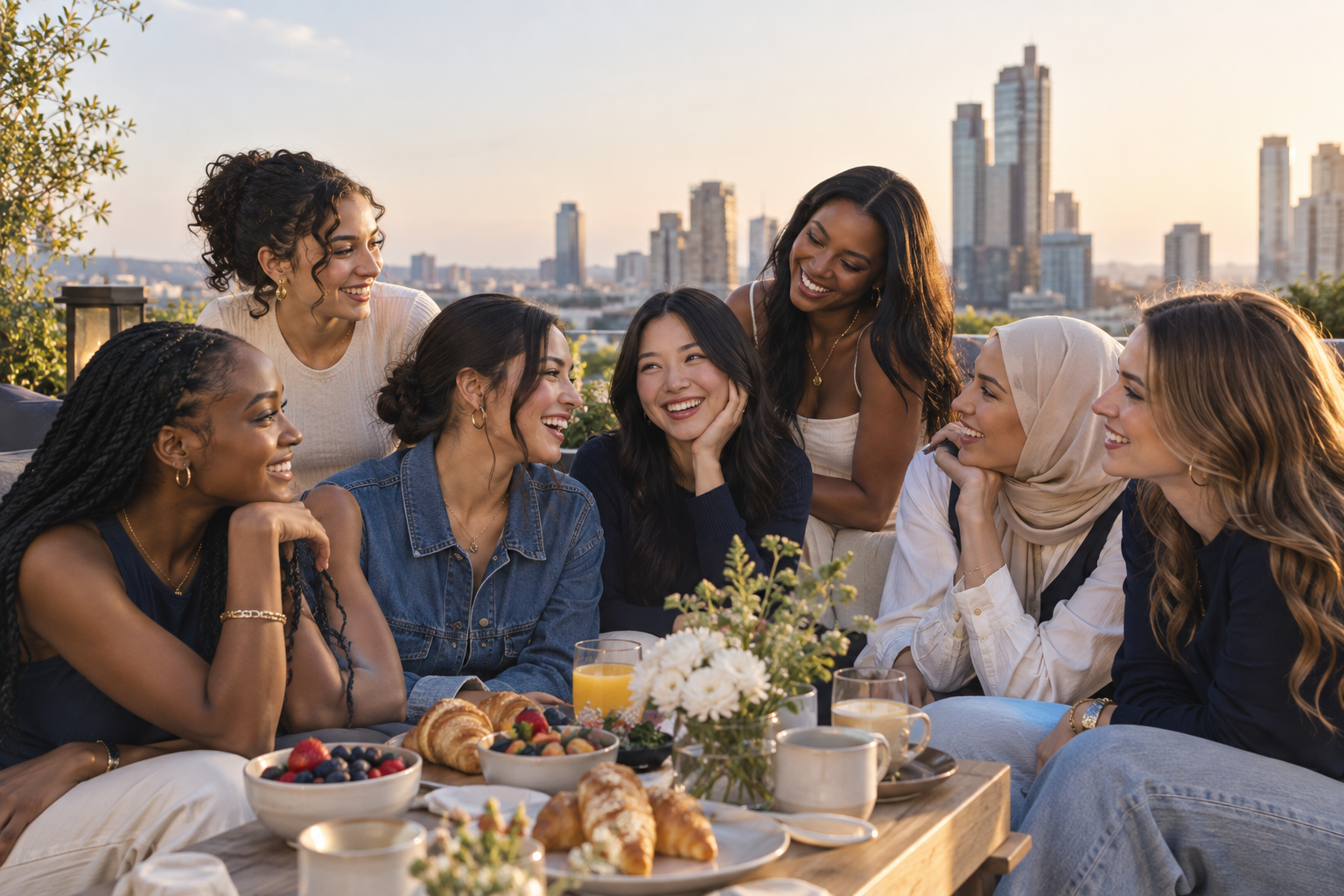 Diverse young women laughing together at an elevated gathering; representative community imagery